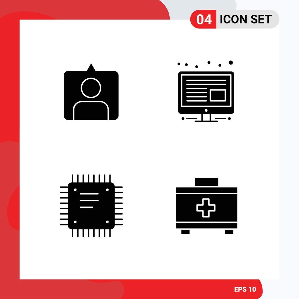 Group of 4 Solid Glyphs Signs and Symbols for contac motherboard content chip bag Editable Vector Design Elements