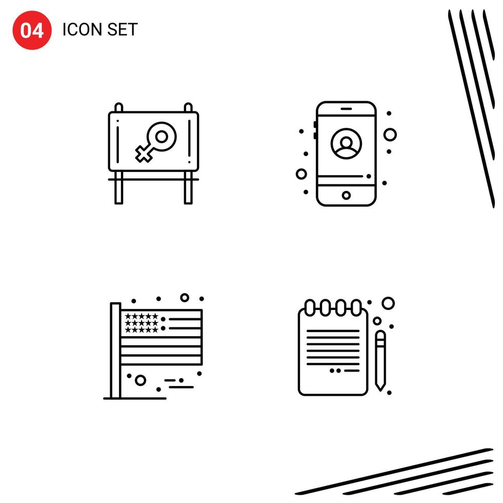 conjunto moderno de 4 pictogramas de colores planos de línea de relleno de elementos de diseño de vector editables de lápiz de libro americano de cuenta de tablero de EE. UU.