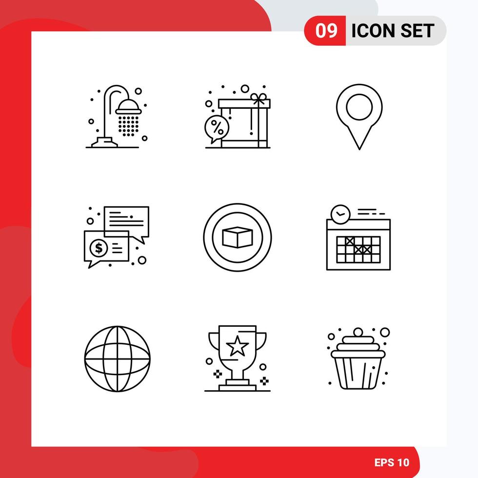 Mobile Interface Outline Set of 9 Pictograms of cube communication map messages chat Editable Vector Design Elements