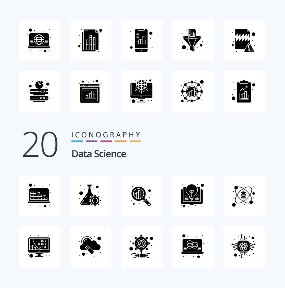 20 Data Science Solid Glyph icon Pack like chemistry idea book system idea search vector