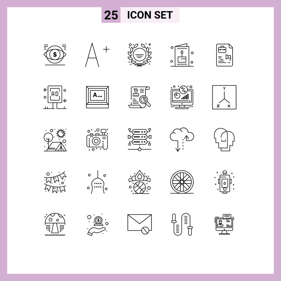 Mobile Interface Line Set of 25 Pictograms of job file badge party holiday Editable Vector Design Elements