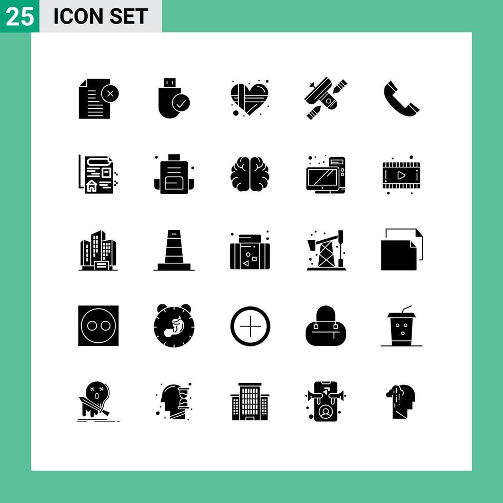 Modern Set of 25 Solid Glyphs Pictograph of satellite broadcasting hardware broadcast heart Editable Vector Design Elements