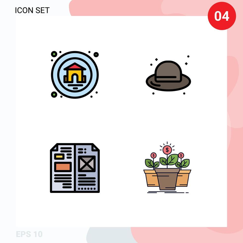 Modern Set of 4 Filledline Flat Colors Pictograph of home editorial beach straw hat media Editable Vector Design Elements