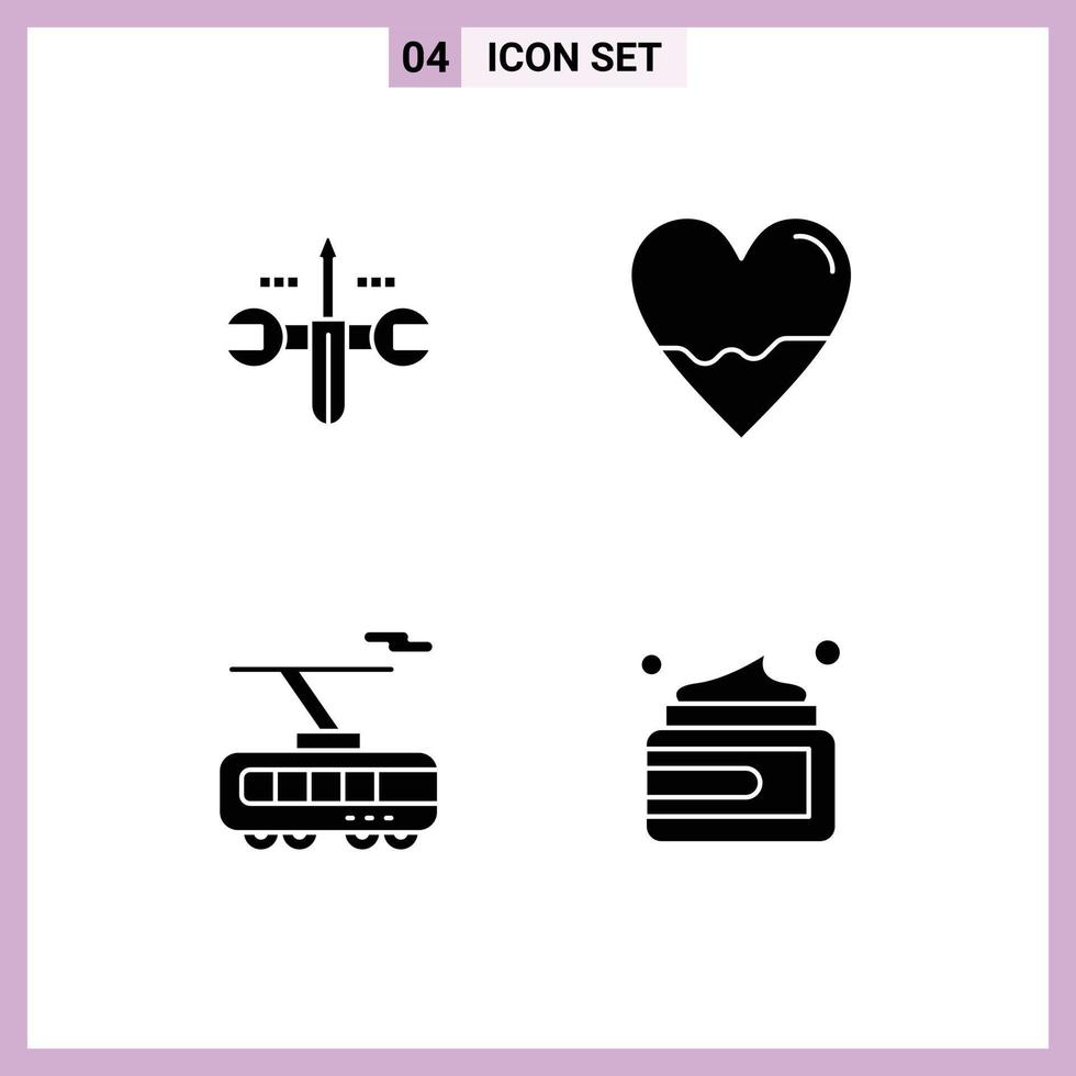 Modern Set of 4 Solid Glyphs Pictograph of cloud clever toolings heart train Editable Vector Design Elements