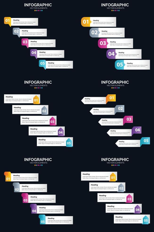 plantilla de diapositiva de presentación del paquete de infografías vectoriales 6 diagramas de ciclo de 5 pasos y líneas de tiempo vector