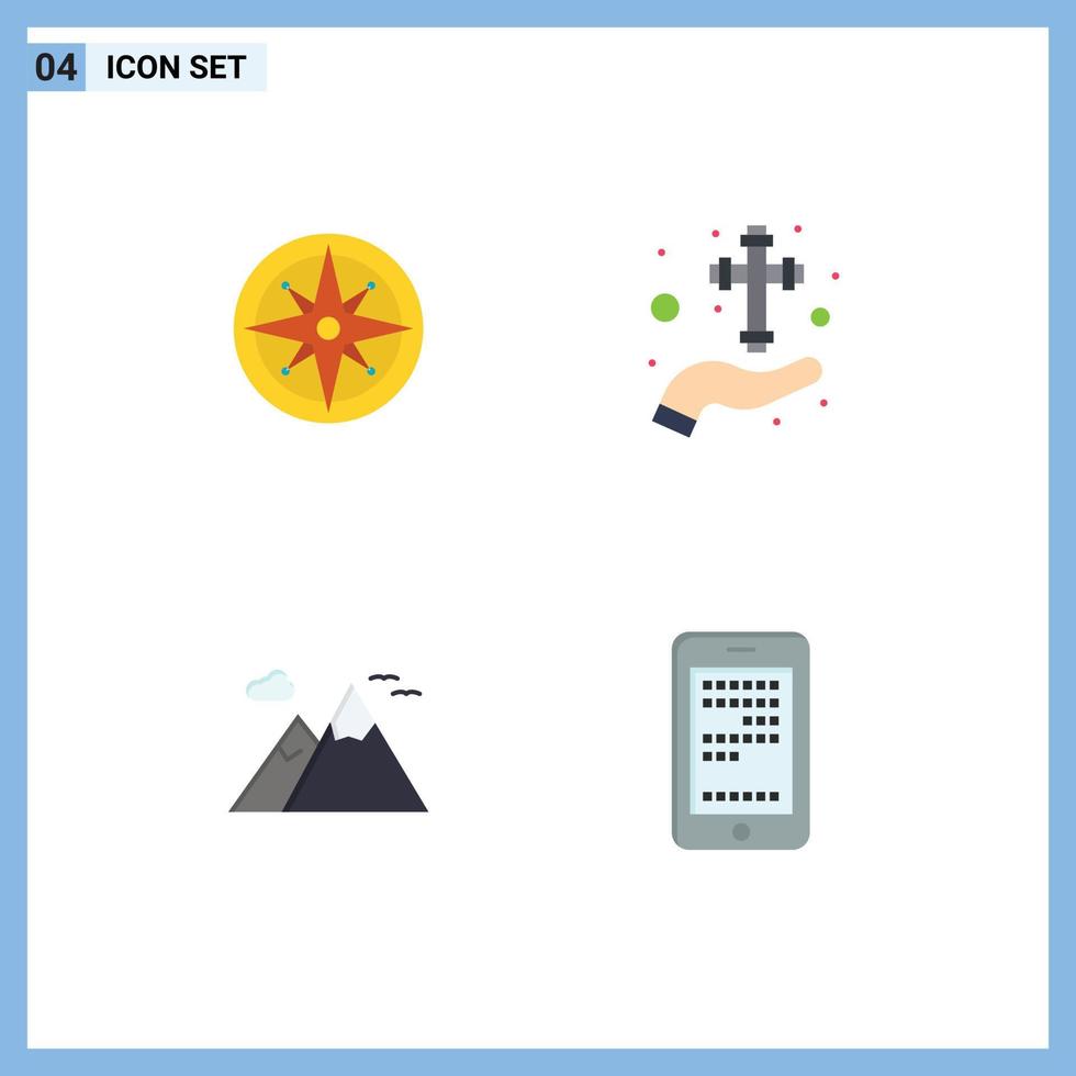 Group of 4 Flat Icons Signs and Symbols for compass cross navigator hand nature Editable Vector Design Elements