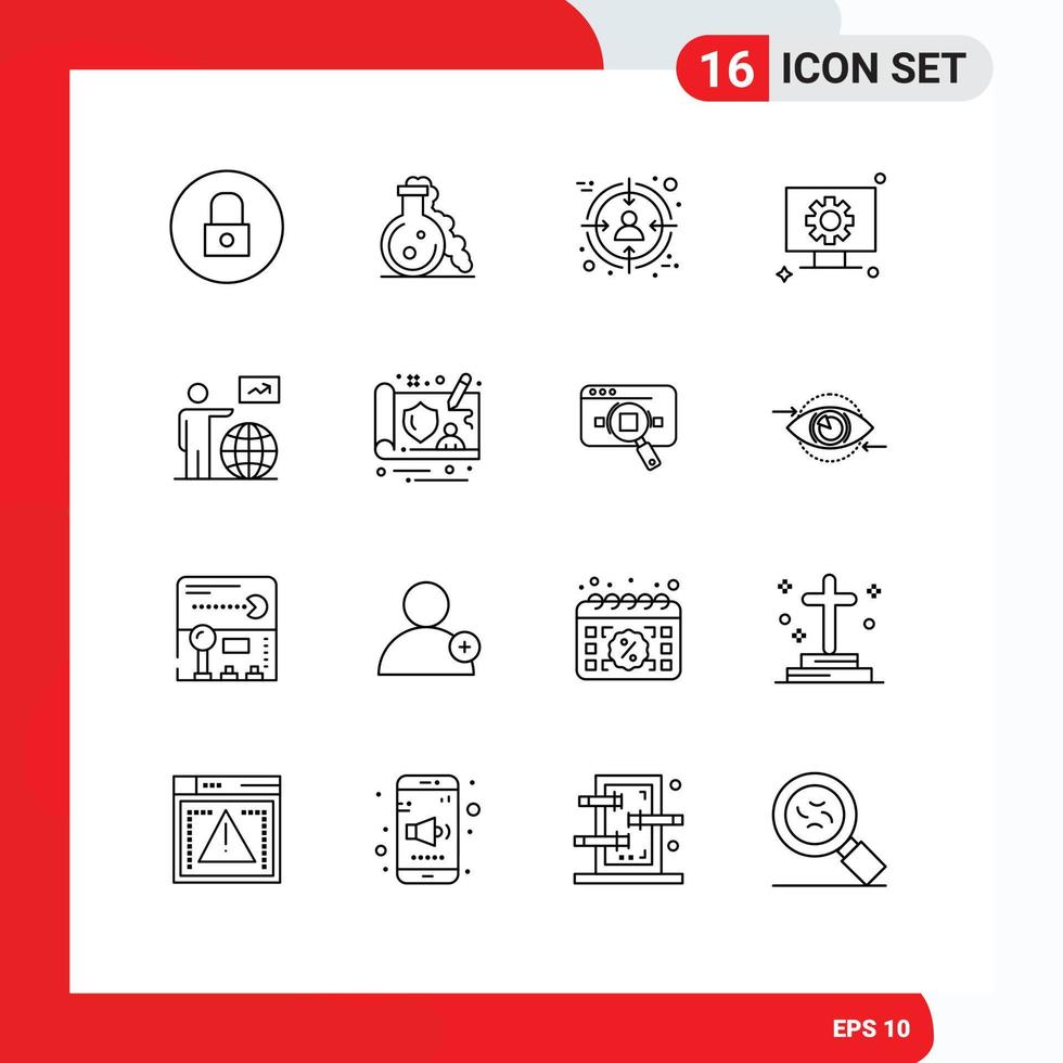 Group of 16 Modern Outlines Set for globe gear audience setting computer Editable Vector Design Elements