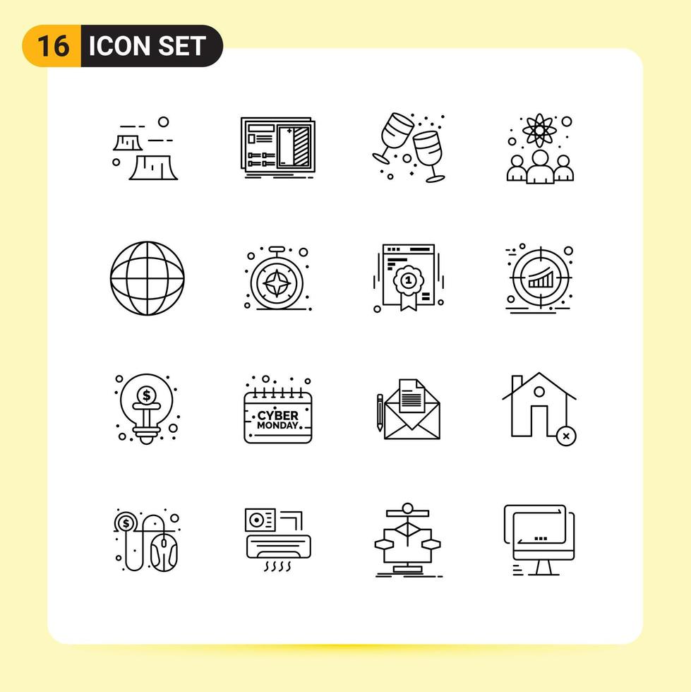 conjunto de 16 iconos de interfaz de usuario modernos símbolos signos para científicos físicos plan trabajador del conocimiento elementos de diseño vectorial editables de vidrio vector