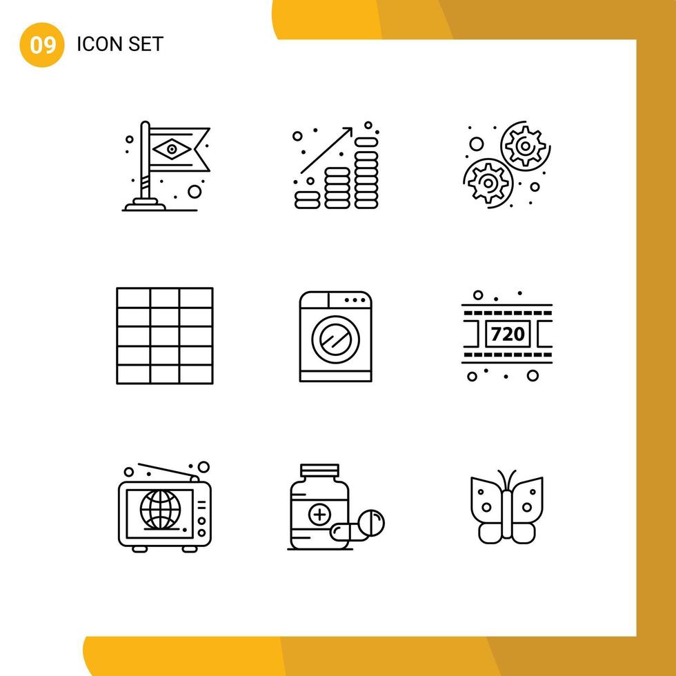 9 contornos vectoriales temáticos y símbolos editables de tecnología de lavado dinero hasta elementos de diseño vectorial editables de cuadrícula de máquina vector