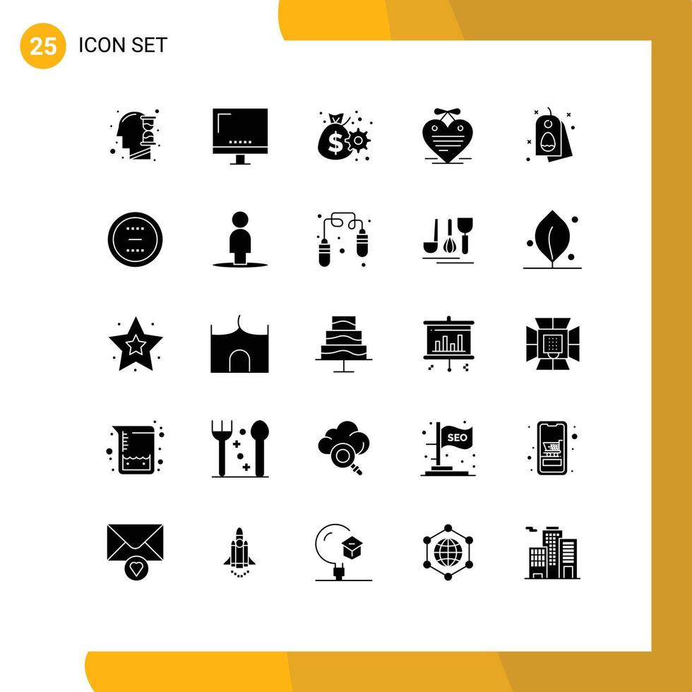 25 Universal Solid Glyph Signs Symbols of tag calendar monitor hanging heart gear Editable Vector Design Elements