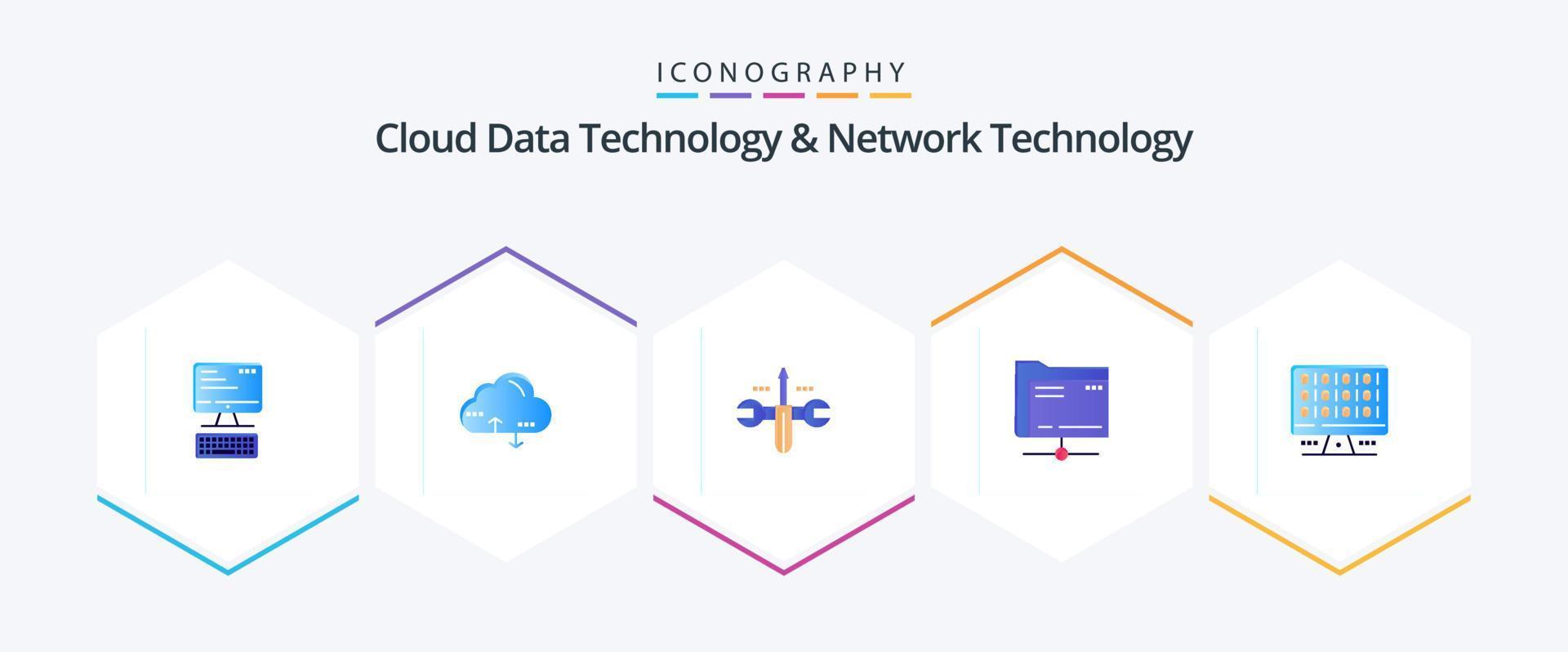 tecnología de datos en la nube y tecnología de red 25 paquete de iconos planos que incluye computadora. almacenamiento. nube. servidor. carpeta vector