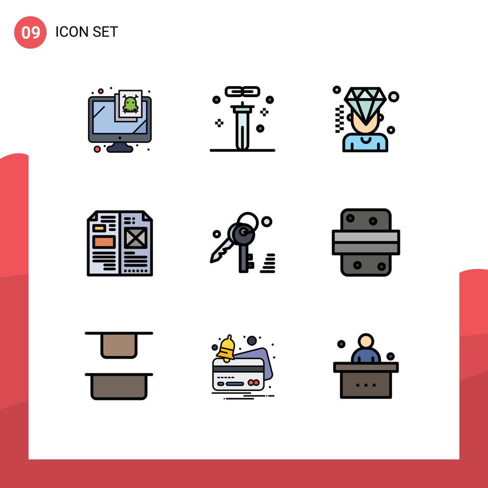 Mobile Interface Filledline Flat Color Set of 9 Pictograms of media editorial science design membership Editable Vector Design Elements