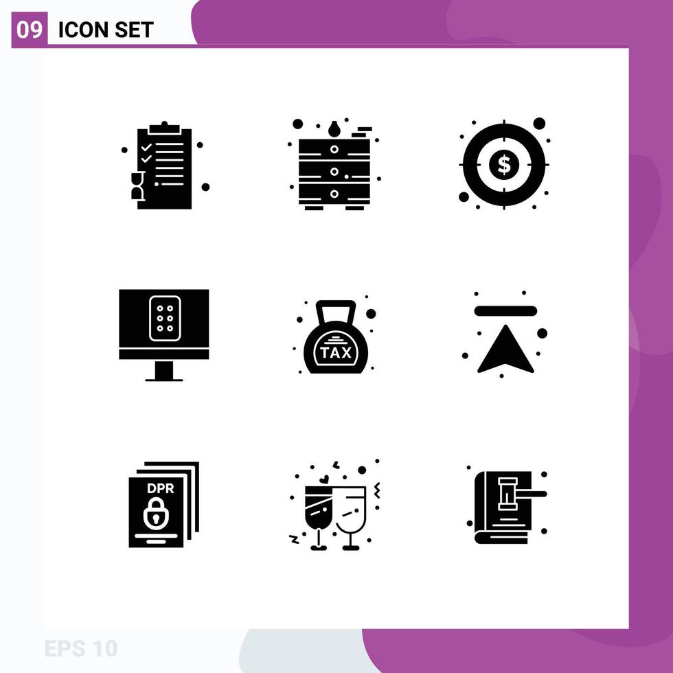 Editable Vector Line Pack of 9 Simple Solid Glyphs of money duty profit banking remote Editable Vector Design Elements