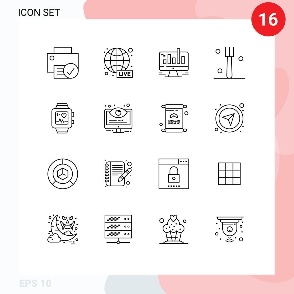Set of 16 Vector Outlines on Grid for handwatch kitchen world wide fork graph Editable Vector Design Elements