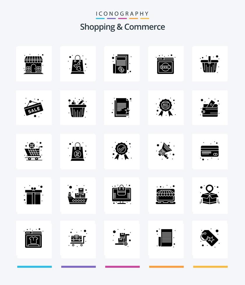 compras creativas y comercio paquete de iconos negros sólidos de 25 glifos como cesta. sitio web. bolsa de la compra. dominio de Red. papel vector