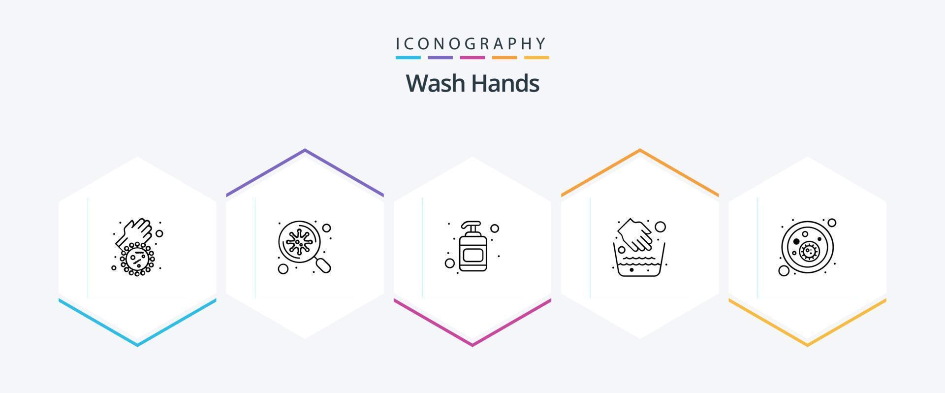 Wash Hands 25 Line icon pack including covid. blood bacteria. lotion. water bowl. hygiene vector