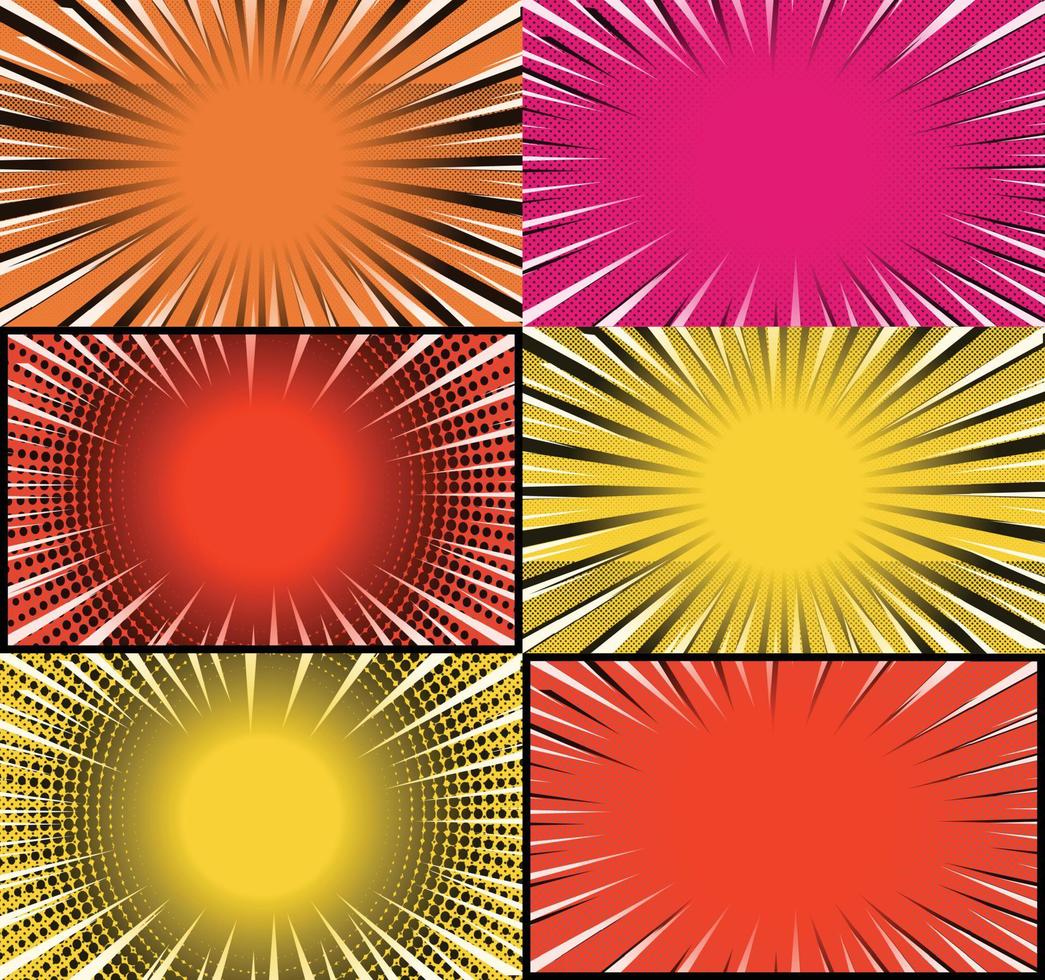 Comic book colorful frames background with halftone rays radial and dotted effects pop art style vector