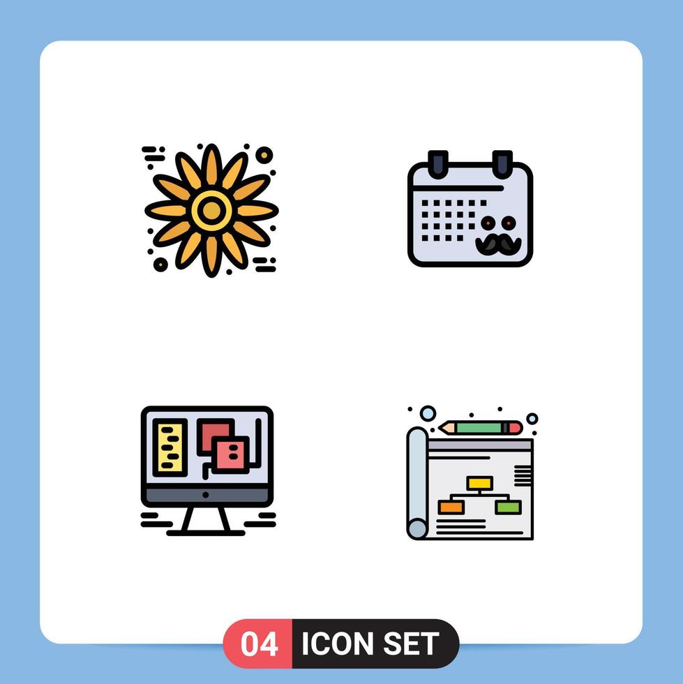 4 colores planos de línea de llenado de vectores temáticos y símbolos editables de elementos de diseño de vectores editables de negocio del día del padre del calendario de ventanas de flores