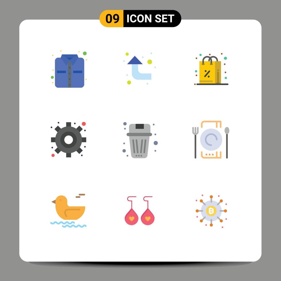 9 iconos creativos, signos y símbolos modernos de eliminación de basura, compras, configuración de elementos de diseño de vectores editables