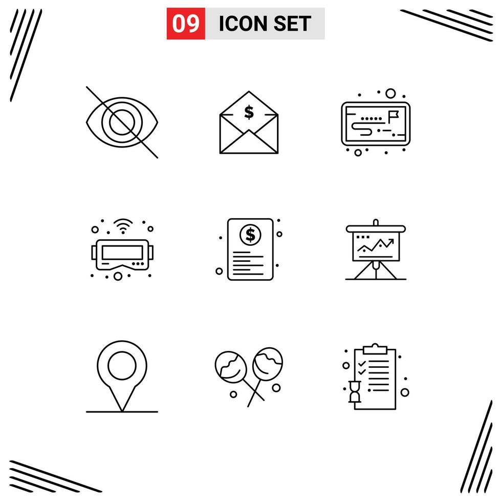 Pack of 9 Modern Outlines Signs and Symbols for Web Print Media such as paper file project document goggles Editable Vector Design Elements