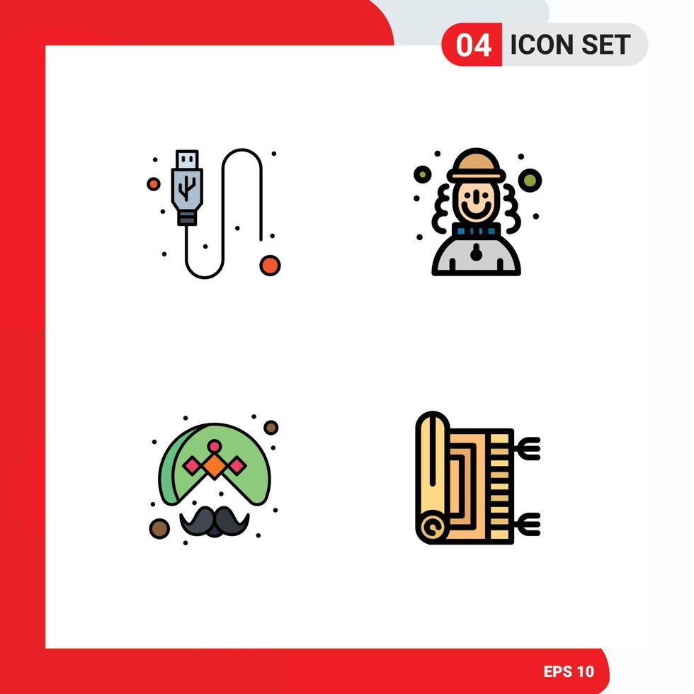 4 Thematic Vector Filledline Flat Colors and Editable Symbols of cable man wire man turban Editable Vector Design Elements