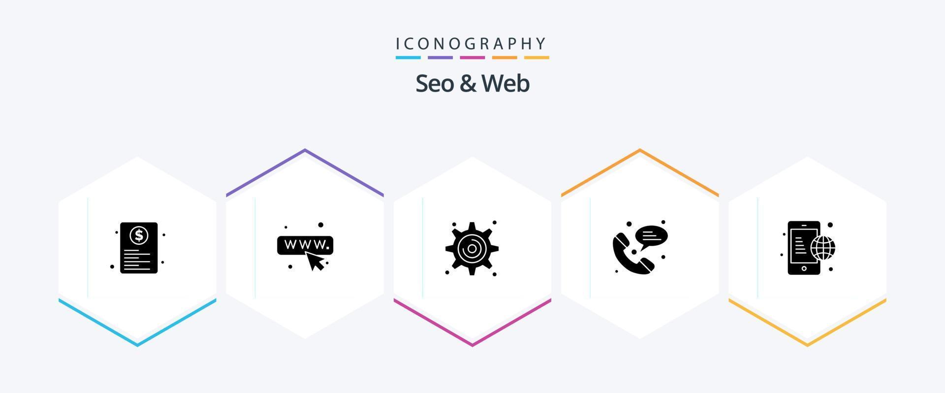 Seo and Web 25 Glyph icon pack including internet. communication. cogwheel. business. phone vector