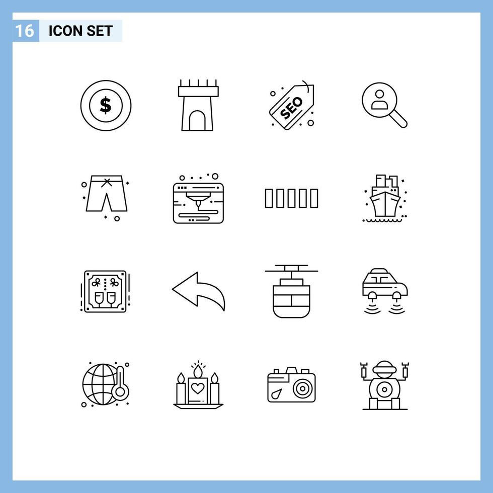 Pack of 16 Modern Outlines Signs and Symbols for Web Print Media such as cloths beach label search networking Editable Vector Design Elements