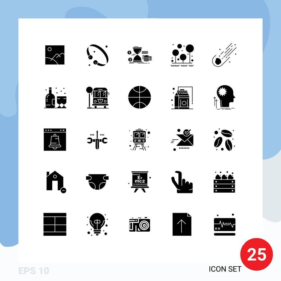 Mobile Interface Solid Glyph Set of 25 Pictograms of survival forest luxury camping time Editable Vector Design Elements
