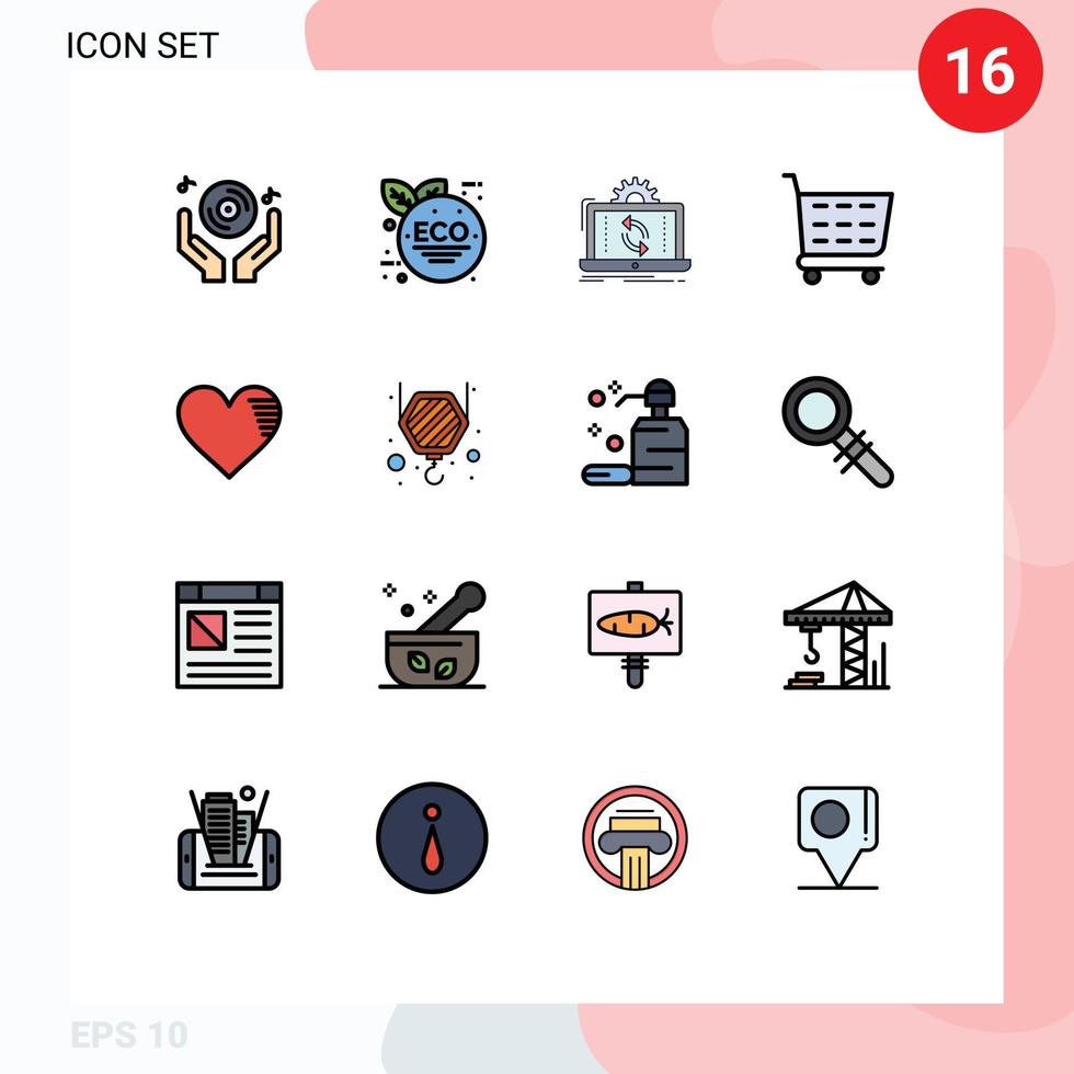 Editable Vector Line Pack of 16 Simple Flat Color Filled Lines of love shopping cart data shop sync Editable Creative Vector Design Elements