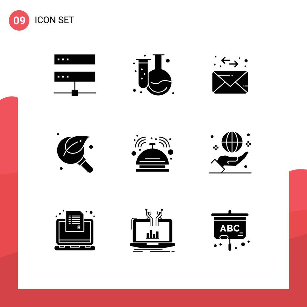 Set of 9 Commercial Solid Glyphs pack for bell magnifier flask leaf glass Editable Vector Design Elements