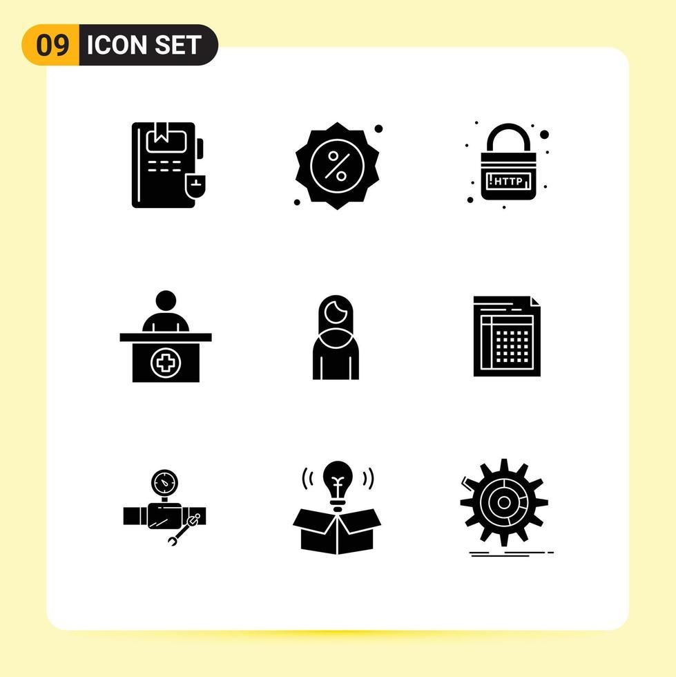 Group of 9 Modern Solid Glyphs Set for mother medical appointment http receptionist hospital Editable Vector Design Elements