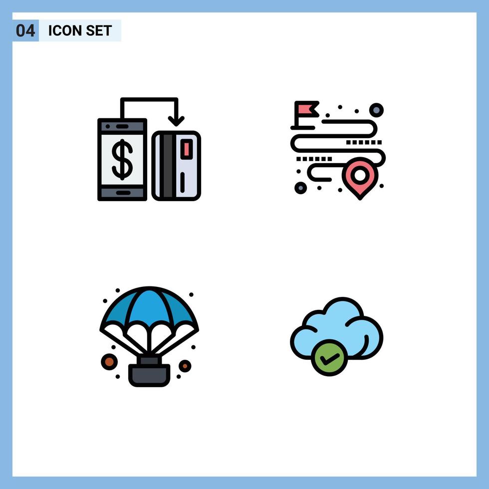 Mobile Interface Filledline Flat Color Set of 4 Pictograms of cashless adventure payment location balloon Editable Vector Design Elements