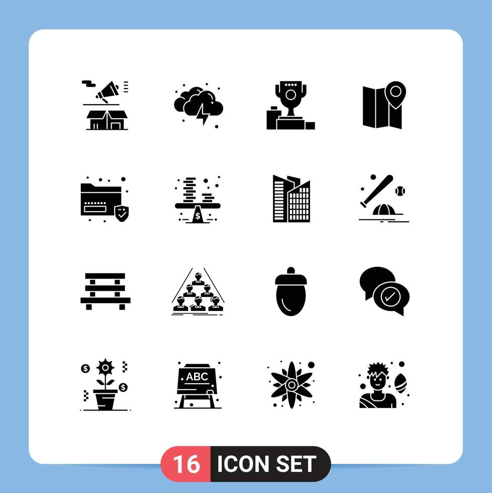 Universal Icon Symbols Group of 16 Modern Solid Glyphs of pin map weather location cup Editable Vector Design Elements