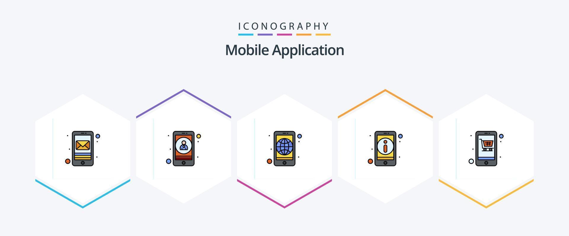 Mobile Application 25 FilledLine icon pack including plain. app. worldwide. more. detail vector