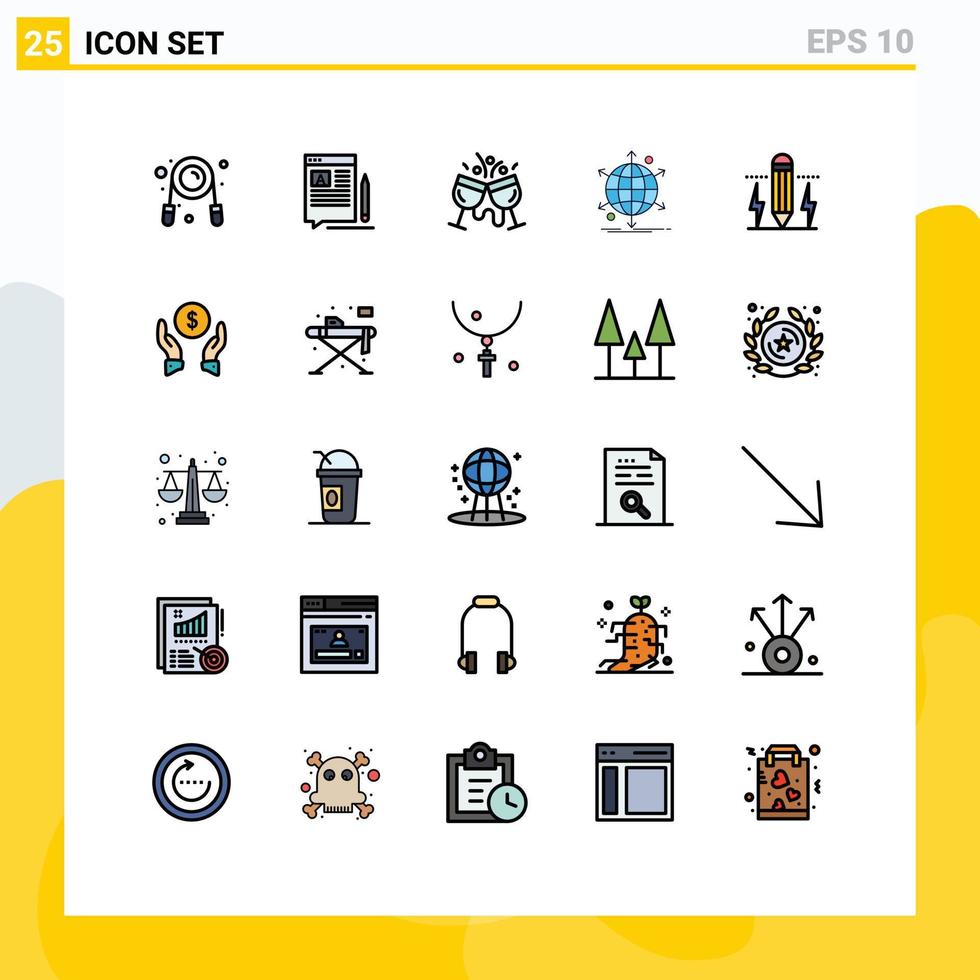 User Interface Pack of 25 Basic Filled line Flat Colors of network international web business drink Editable Vector Design Elements