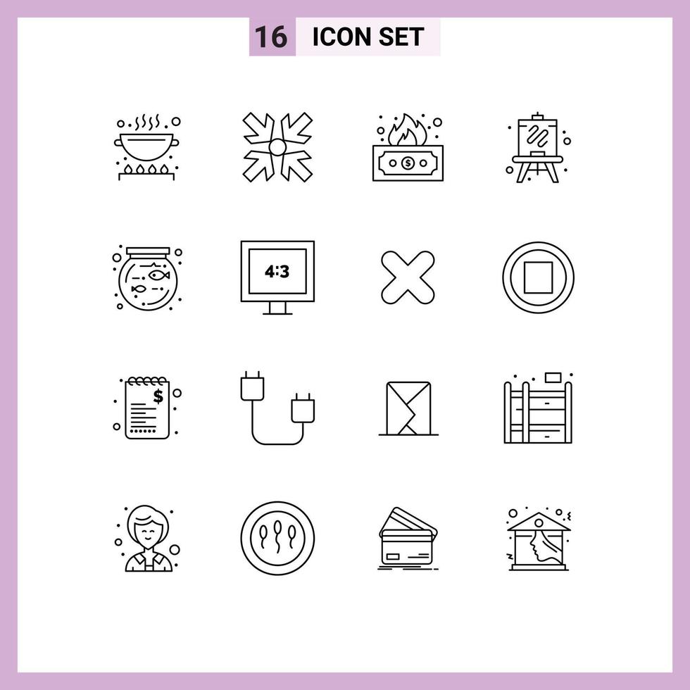 Modern Set of 16 Outlines and symbols such as aspect ratio fish finance bowl hobbies Editable Vector Design Elements