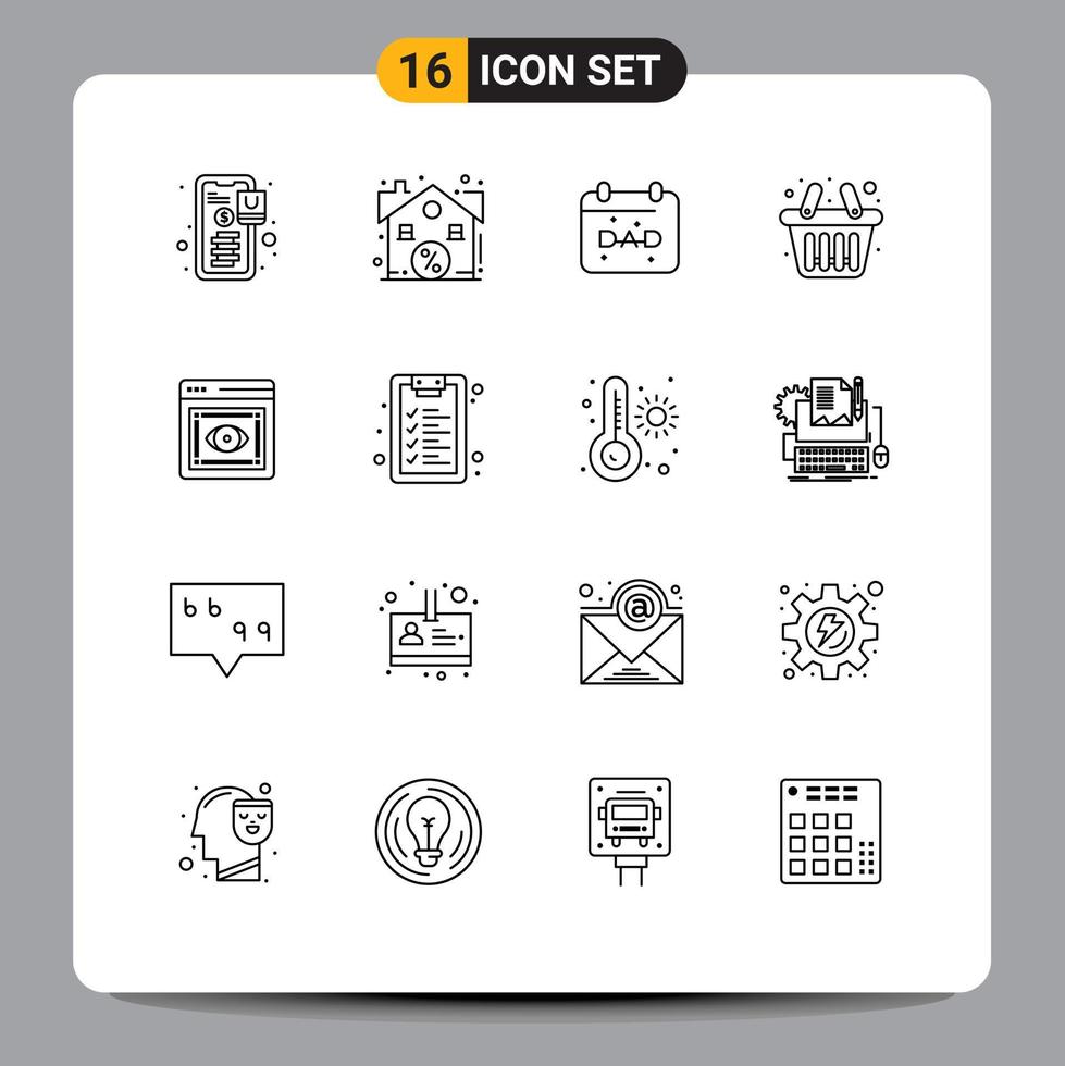 16 Thematic Vector Outlines and Editable Symbols of visibility eye calendar shopping basket Editable Vector Design Elements