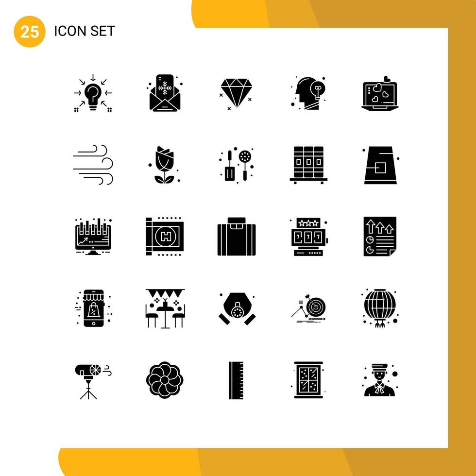Set of 25 Commercial Solid Glyphs pack for love mind message idea head Editable Vector Design Elements