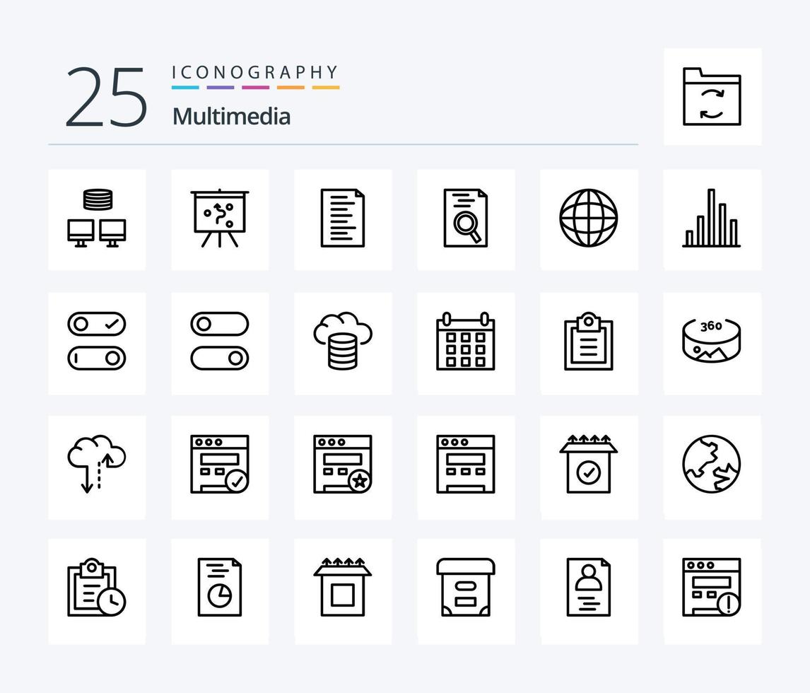 Multimedia 25 Line icon pack including inspect. analytics. website. globe. education vector