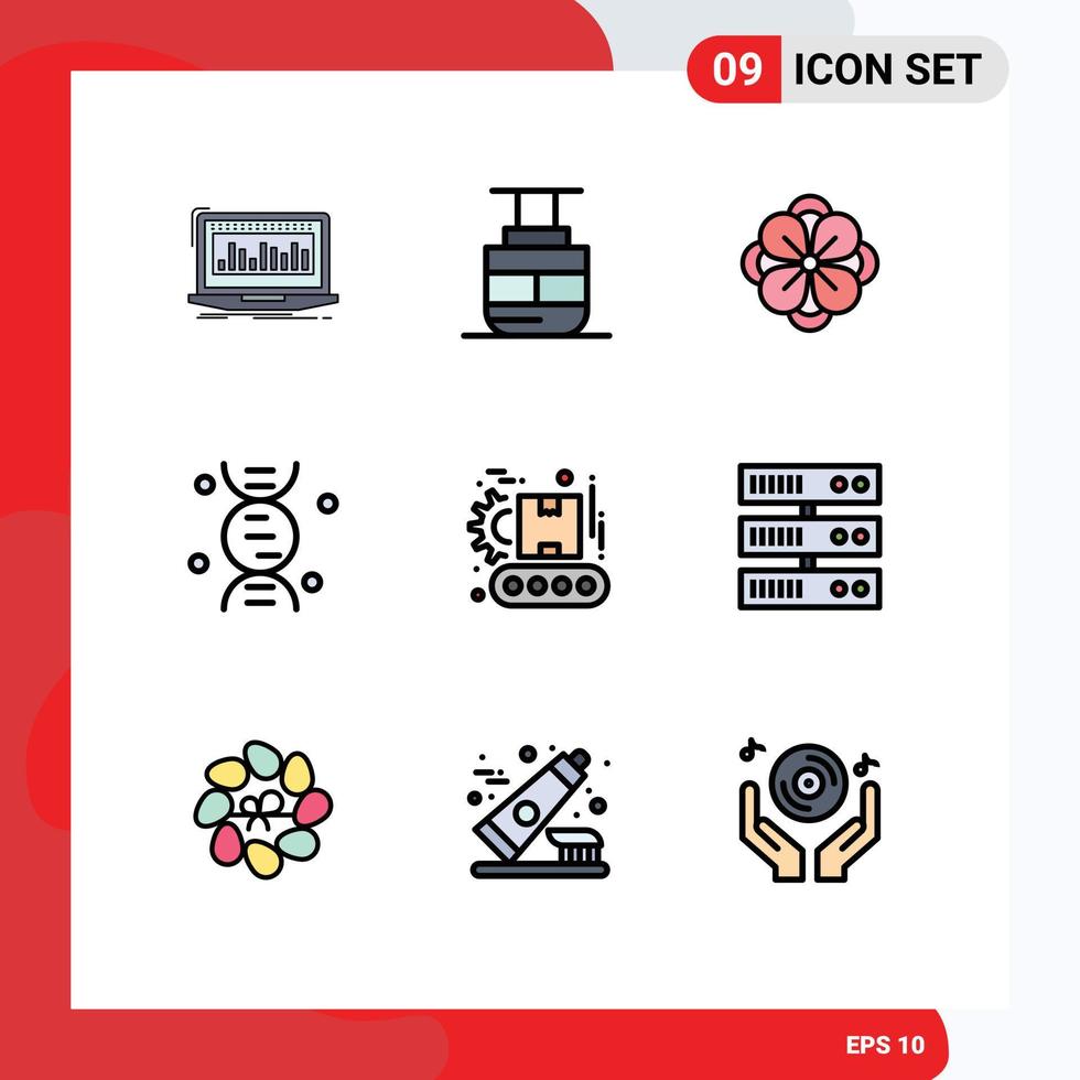 Mobile Interface Filledline Flat Color Set of 9 Pictograms of factory science vehicles research spring flower Editable Vector Design Elements