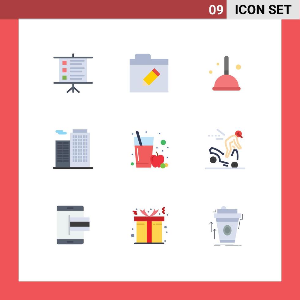 Editable Vector Line Pack of 9 Simple Flat Colors of danger glass mop fruit juice house Editable Vector Design Elements