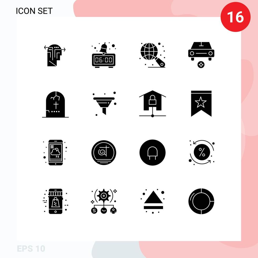 16 Thematic Vector Solid Glyphs and Editable Symbols of horror grave internet death star Editable Vector Design Elements