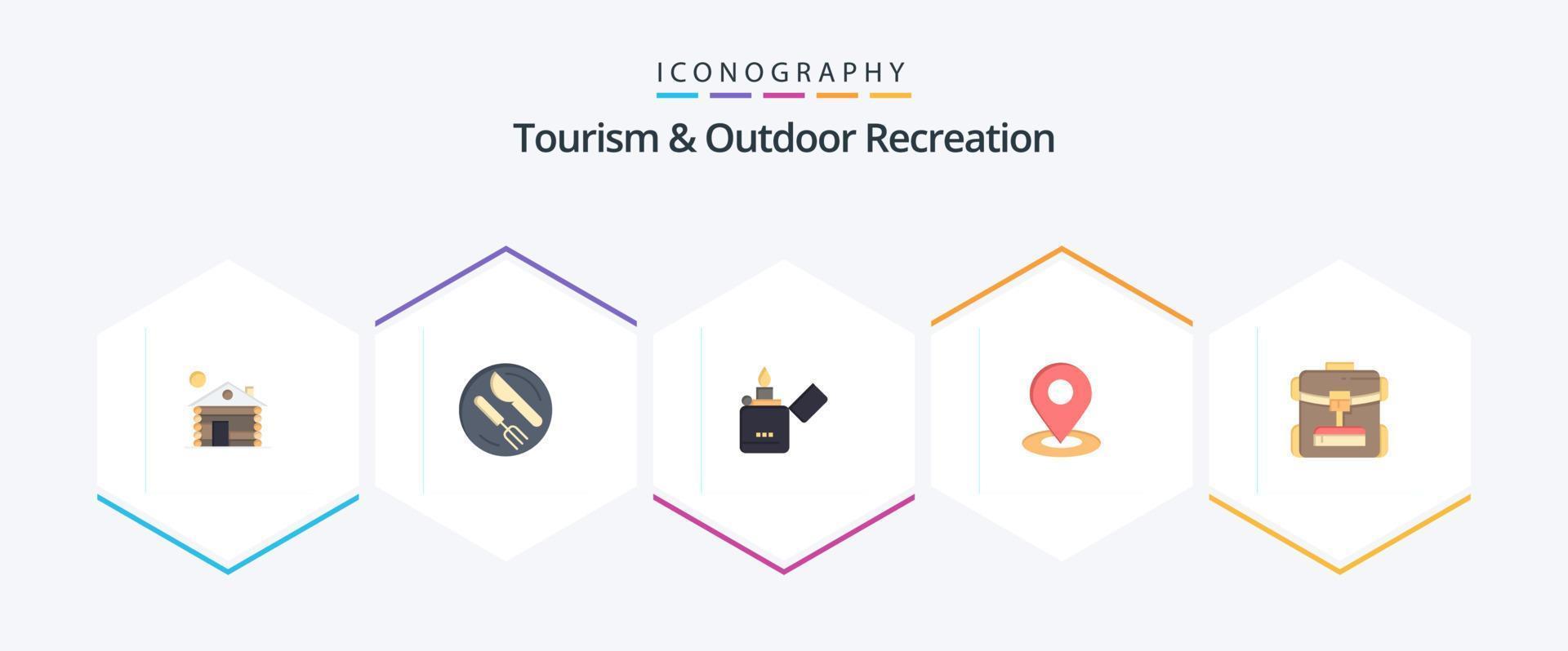 Tourism And Outdoor Recreation 25 Flat icon pack including backbag. hotel. fire. pin. location vector