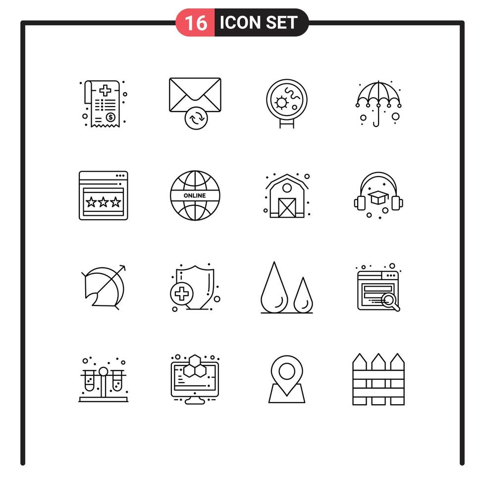 Mobile Interface Outline Set of 16 Pictograms of webpage seo viruses umbrella gras Editable Vector Design Elements