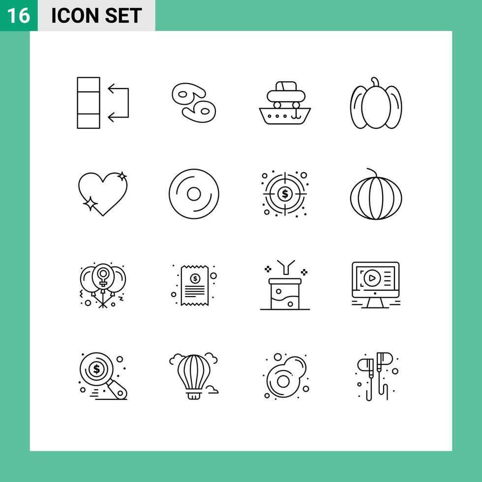 Set of 16 Vector Outlines on Grid for like heart cargo vegetables food Editable Vector Design Elements
