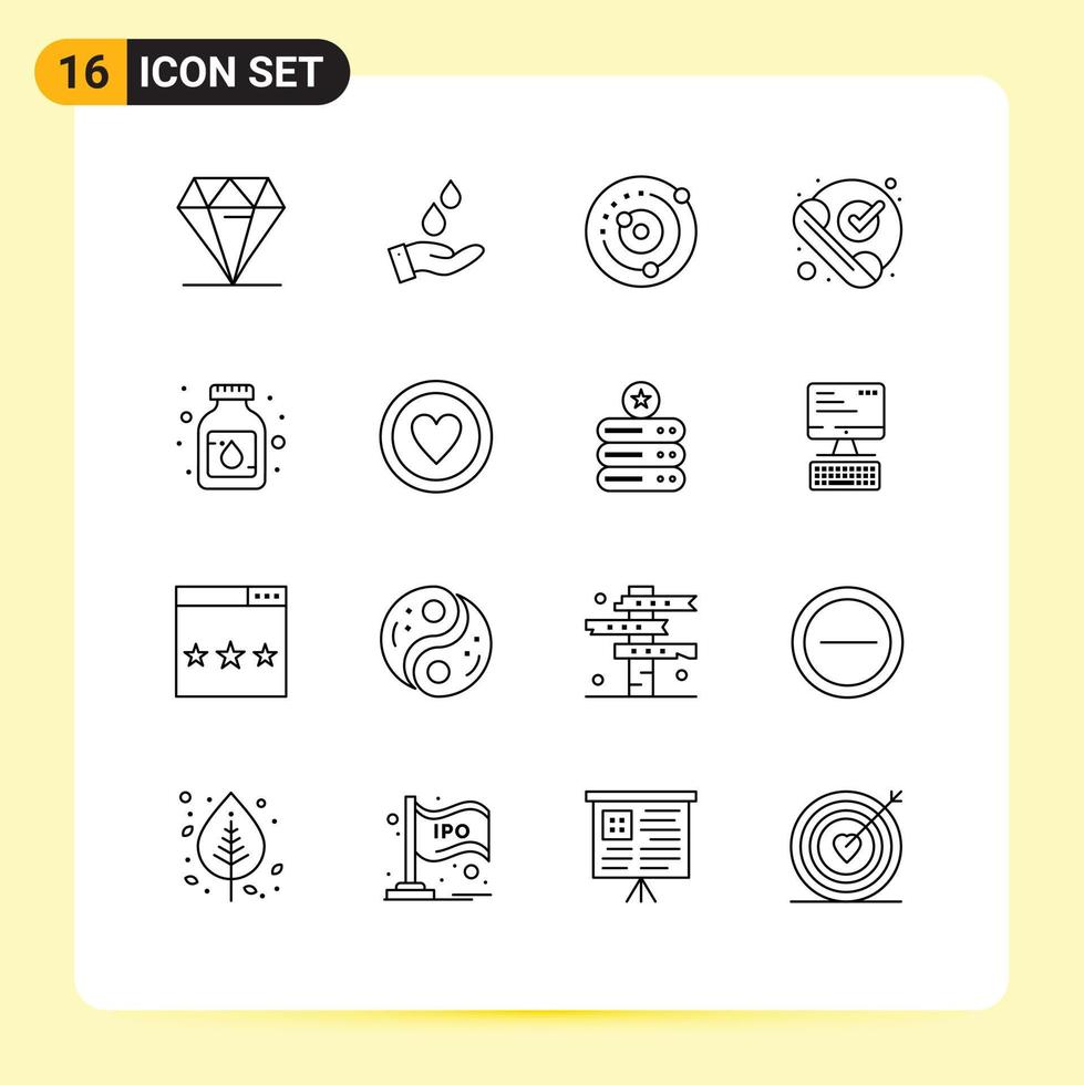 Universal Icon Symbols Group of 16 Modern Outlines of received ok orbit checked sphere Editable Vector Design Elements