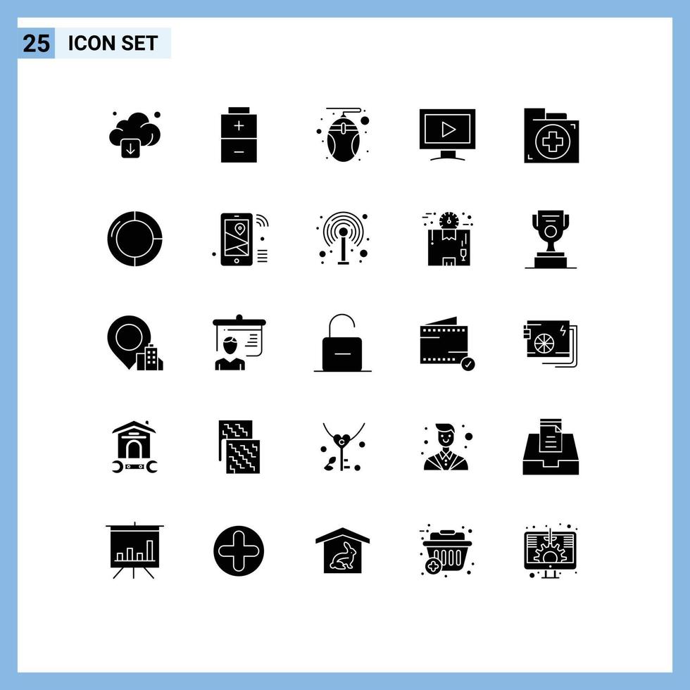 Set of 25 Commercial Solid Glyphs pack for document aid hardware play screen Editable Vector Design Elements