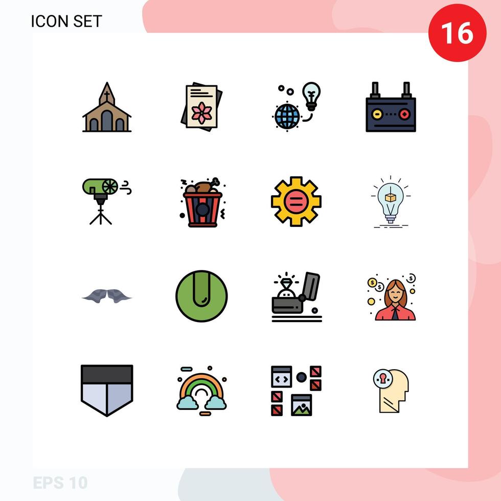 Modern Set of 16 Flat Color Filled Lines and symbols such as electricity battery spring accumulator light bulb Editable Creative Vector Design Elements