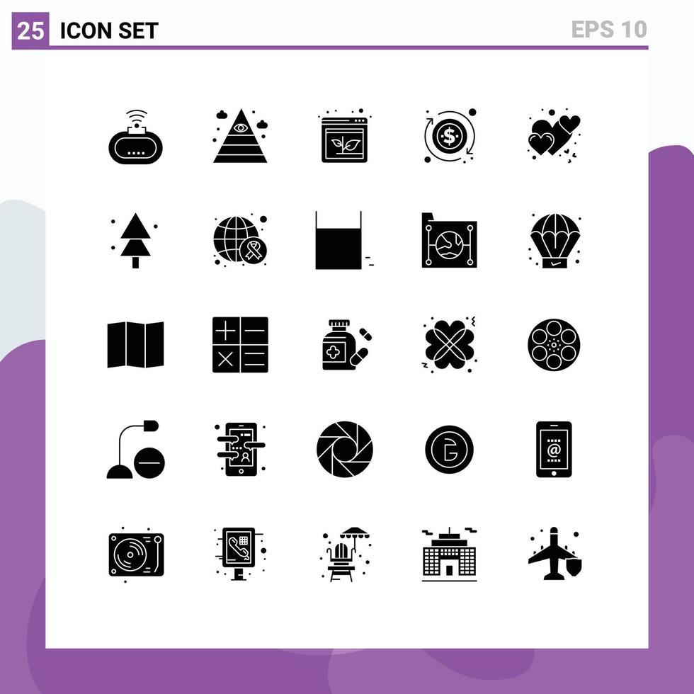 grupo de 25 signos y símbolos de glifos sólidos para elementos de diseño de vectores editables de dólar de flecha de corazón romántico