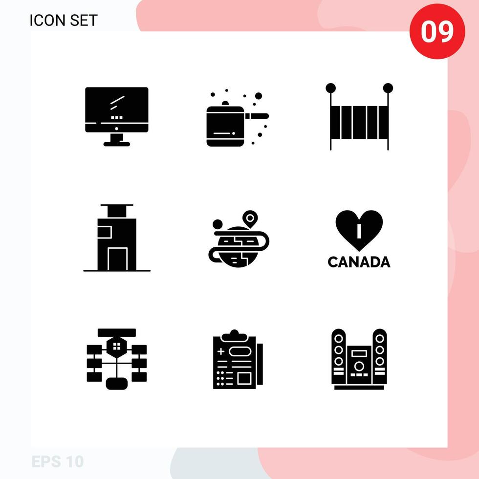Pack of 9 Modern Solid Glyphs Signs and Symbols for Web Print Media such as process office child city building Editable Vector Design Elements